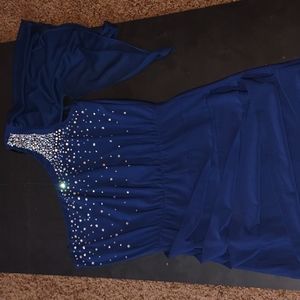 Blue, rhinestone, off- the shoulder mini dress, Deb